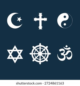 Eine grafische Darstellung von sechs verschiedenen religiösen Symbolen, darunter der Halbmond und der Stern, das christliche Kreuz, Yin und Yang, der Davidstern, das Dharma-Rad und das Om-Symbol.