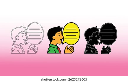 Graphic representation of a speaking man, featuring three variations: outlined, colored, and silhouetted. The image depicts communication, dialogues, and expression through speech bubbles against 