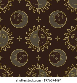 Graphic representation of the sun, crescent and stars. Occult symbol. Cartoon character. Astrological pattern. Seamless background. 