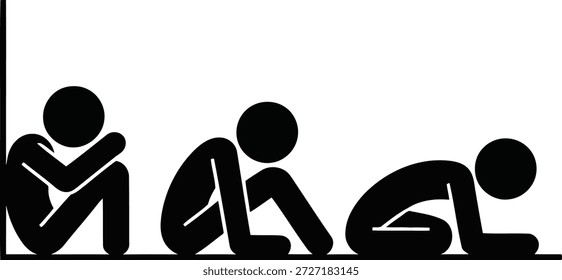 Representación gráfica de tres figuras de palo humano en transición de sentarse a arrodillarse, mostrando diferentes posiciones del cuerpo en una esquina.