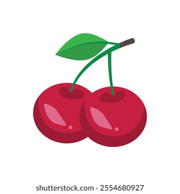 A graphic representation of two cherries attached to a single stem with a green leaf