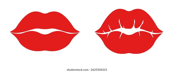 A graphic representation of two distinct red lips, one with a smooth outline and the other featuring a kiss imprint, isolated on a white background. Two red lips imprints, one smooth and one with a kiss mark. Vector illustration EPS 10