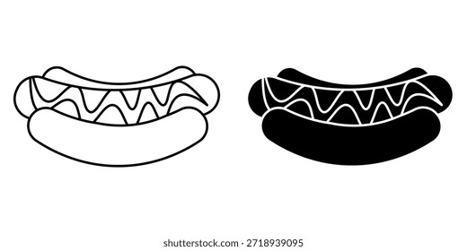 Representación gráfica de dos perros calientes, uno en contorno blanco y negro y el otro como una silueta negra sólida, ambos con líneas onduladas de mostaza.