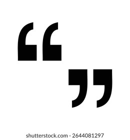 A graphic representation of two pairs of black quotation marks set against a clean white background space
