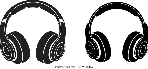 A graphic representation of two pairs of black headphones in a distinct silhouette style against a white background.