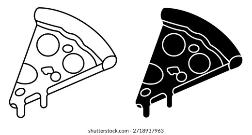 grafische Darstellung von zwei Pizzaschnitten, eine in Umrissen und die andere als schwarze Silhouette, beide mit geschmolzenem Käse.