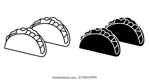 grafische Darstellung von zwei Tacos, die sowohl in Linienkunst als auch in massiver schwarzer Silhouettenform präsentiert werden.