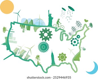 Una representación gráfica de Estados Unidos mostrando energía renovable, naturaleza y prácticas sostenibles en todo el país