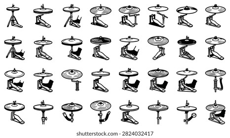 A graphic representation of various drum cymbals and hi-hat stands arranged in a grid pattern.