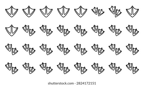 A graphic representation of various duck footprints arranged in a neat grid, showcasing different sizes and orientations.