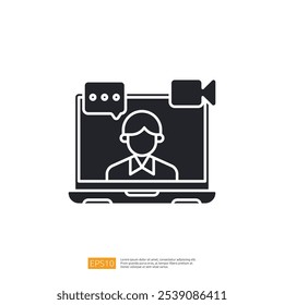 A graphic representation of a video call, featuring a person on a laptop screen with chat bubbles and a camera icon, symbolizing virtual communication.