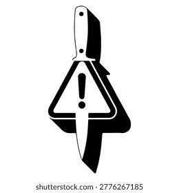 A graphic representation of a warning sign combined with a knife icon, symbolizing danger or a threat.