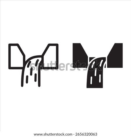 A graphic representation of water exiting a drainage pipe, shown in outline and solid forms.