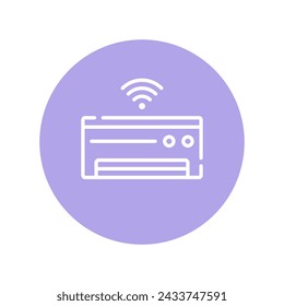 Graphic representation of a wireless keyboard with signal waves on a purple circular backdrop.
