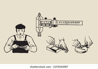 Graphic representation of working with a tool - caliper