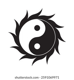 A graphic representation of the Yin and Yang symbol, encircled by a decorative sunburst or flame-like pattern
