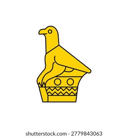 Graphic representation of Zimbabwean soapstone bird sculpture, simplified emblem design, national heritage symbol, minimalist golden icon, historical artifact graphic element.