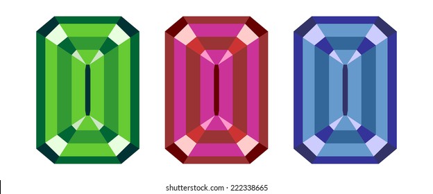 Graphic representations of an emerald cut gemstone in colors of emerald green, ruby red and sapphire blue.
