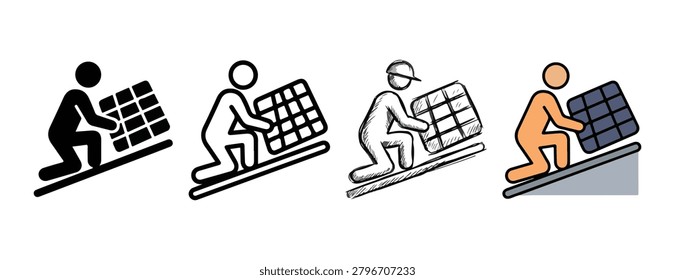 Graphic representations of a person carrying and installing a solar panel on an inclined surface illustrating the process of renewable energy setup and construction in various artistic styles