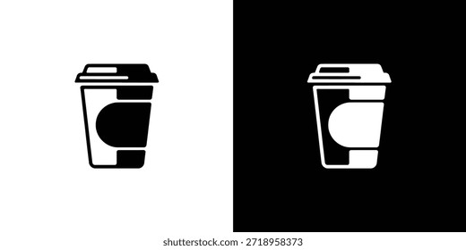 Representaciones gráficas de una taza para llevar, con una versión negra sólida y una versión blanca delineada sobre un fondo oscuro.