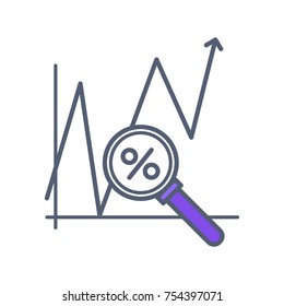 Graphic represented on coordinate system and big magnifier with purple handle and percent on lens on vector illustration isolated on white