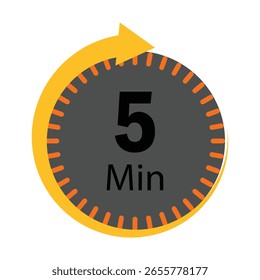 Un gráfico que representa cinco minutos en un temporizador, con un dial circular y una flecha direccional.