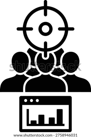 A graphic representing targeted marketing with a scope and people icons above a data graph