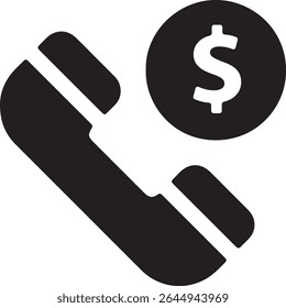 A graphic represents call costs. It shows a black telephone receiver beside a black coin bearing a white dollar sign.
