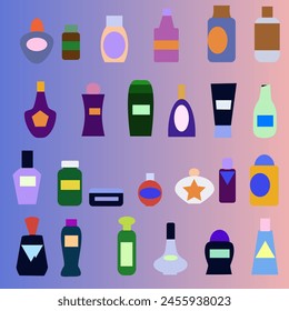 Grafische Ressource verschiedene Parfümflaschen, Shampoo-Gläser und Flaschen mit Persperanzien und Reinigungsmitteln verschiedener Formen und Farben. Vektorillustration Verschiedene Behältnisse für die Regale von