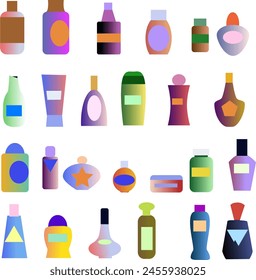 Graphic resource different perfume bottles, shampoo jars and bottles with persperants and cleaning agents of different shapes and colors. Vector illustration Different containers for the shelves of