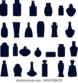 Recursos gráficos diferentes botellas de perfume, frascos de champú y botellas con perfumes y productos de limpieza de diferentes Formas y colores. Ilustración vectorial Diferentes contenedores para los estantes de