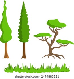 Graphic resource Drawn trees of different varieties. some regular green field grass to insert. Vector illustration decorative natural elements for inserting trees common and mountain tree dwarf pine.