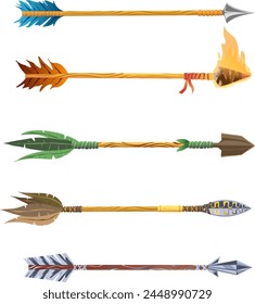 Graphic Resource fünf Qualitätspfeile Illustration Vektorillustration. Mehrfarbiges Pfeilgefieder und verschiedene Spitzen. Der Schaft des Pfeils ist flach und hat die Textur von Holz. Ein Pfeil mit einer Maya