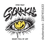 graphic resource for printing t shirts with a hand drawn illustration of a happy emoji icon inside an eye, accompanied by a slogan