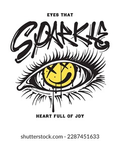 graphic resource for printing t shirts with a hand drawn illustration of a happy emoji icon inside an eye, accompanied by a slogan