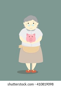 A graphic for retirement savings plan , money saving / Old lady with saving money box
