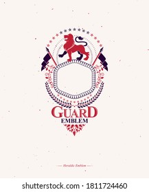 Graphic retro emblem created with Brave Lion King, blank copy-space and pentagonal stars.Heraldic Coat of Arms decorative logo isolated vector illustration.