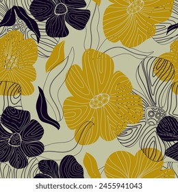 Graphic retro flowers. Vector seamless pattern