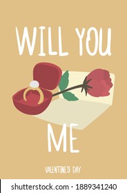 Graphic of ring in red box, red rose and card to propose the lover.