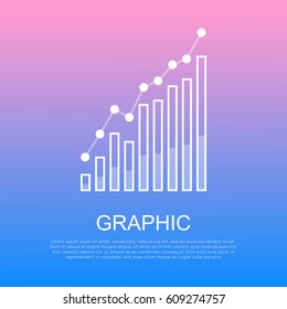 Graphic rising column chart with curve line and white points above and written information under. Column chart showing the growth on a light background. Vector illustration of progress in business