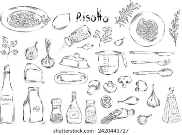 Ilustración gráfica de risotto dibujado a mano en ilustración vectorial. Ingredientes para un restaurante italiano o comida mediterránea. Spaghetti y ravioli elementos gastronómicos pinchan el arte. Delicioso aperitivo italiano 