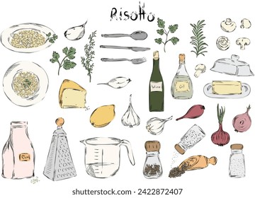 Ilustración gráfica de risotto dibujado a mano en ilustración vectorial. Ingredientes para un restaurante italiano o comida mediterránea. Spaghetti y ravioli elementos gastronómicos pinchan el arte. Delicioso aperitivo italiano 