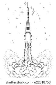 Graphic rocket launching in the starry skies with huge cloud of smoke. Vector astronomical art isolated on white background. Coloring book page design for adults and kids