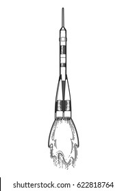 Graphic rocket launching in the starry skies. Vector astronomical art isolated on white background. Coloring book page design for adults and kids