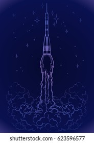 Graphic rocket launching in the starry skies with huge cloud of smoke. Vector astronomical art isolated on dark background