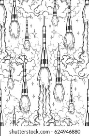 Graphic rocket launching in the starry skies with huge cloud of smoke. Vector astronomical seamless pattern