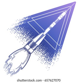 Graphic rocket launching in the starry skies with abstract triangle on background. Vector astronomical art