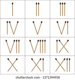 A graphic with the roman numerals, constructet out of safety matches, color.