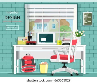 Graphic room set with desk, chair, window, bag, books, note book. Stylish home office. Cute room. Vector illustration.
