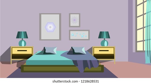 Graphic room set with  sofa, window, sofa, houseplant. Stylish bedroom design. Cute room. Vector illustration.